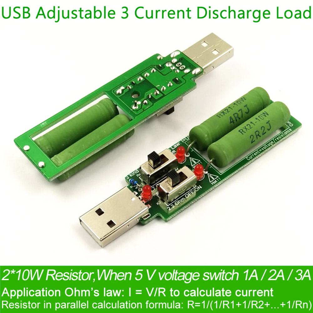 картинка Нагрузочный резистор USB, нагрузка, 5В, до 3А, 2 переключателя, 3 комбинации сопротивления, 2х10 ВТ 